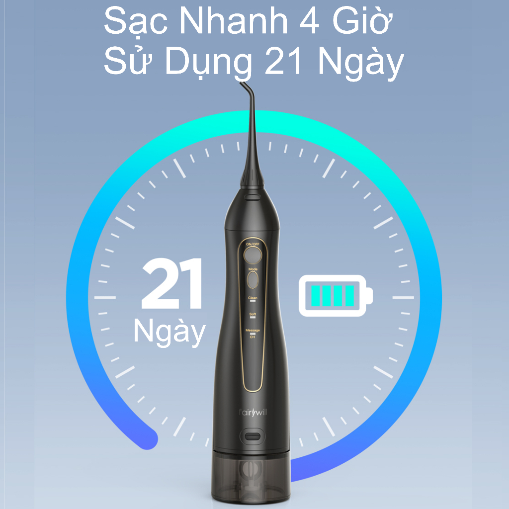 Máy tăm nước cầm tay Fairywill F30 phiên bản 2023. Tặng túi đựng máy chính hãng và củ sạc nguồn thấp