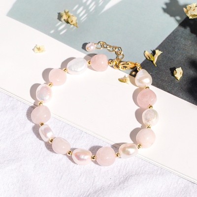 Vòng Tay Ngọc Trai 8ly Mix Đá Thạch Anh Hồng Dễ Thương, Xinh Xắn - Ngọc Trai Trường Thịnh