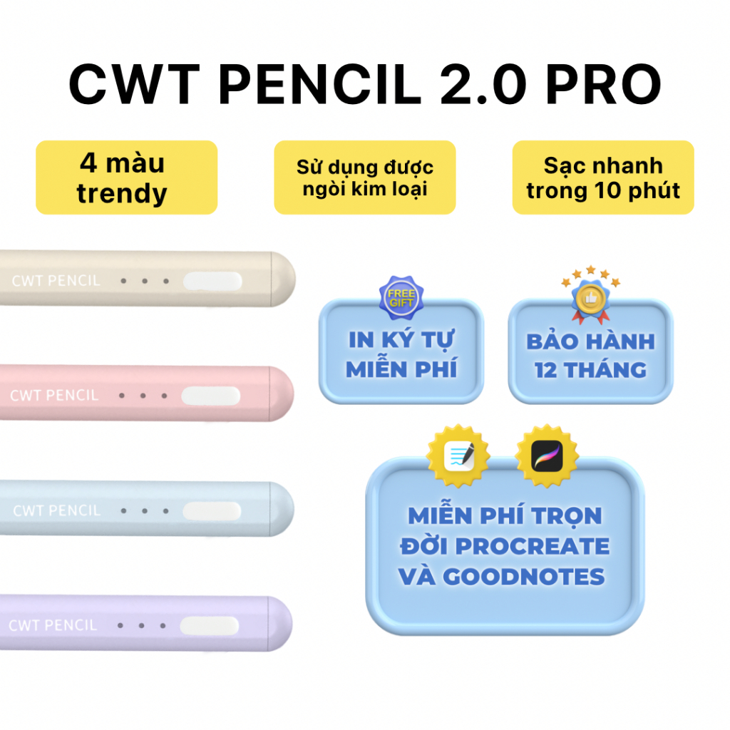 [IN TÊN MIỄN PHÍ] Bút cảm ứng CHILL WITH TATTY CWT pencil 2.0 hỗ trợ cảm ứng chống tì đè, sạc nhanh, nét thanh đậm