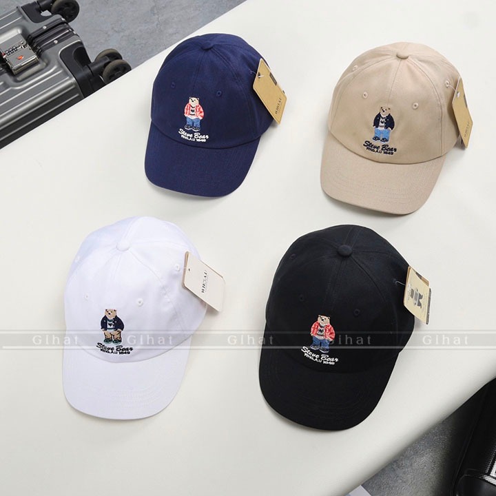 Mũ Lưỡi Trai Unisex WHOAU Chất Liệu Kaki Thêu Logo Gấu, Phong Cách Hàn Quốc, Nón Kết Gấu Đầy Đủ Tem