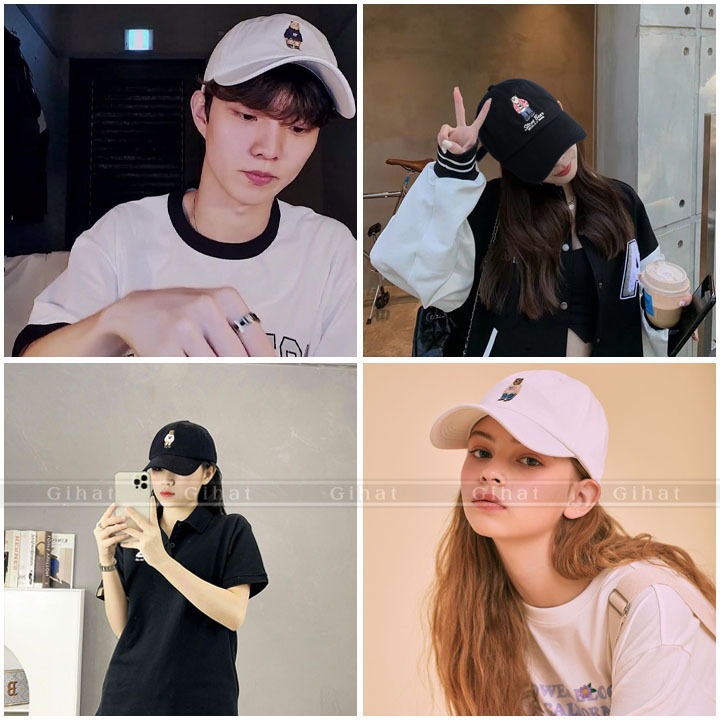 Mũ Lưỡi Trai Unisex WHOAU Chất Liệu Kaki Thêu Logo Gấu, Phong Cách Hàn Quốc, Nón Kết Gấu Đầy Đủ Tem