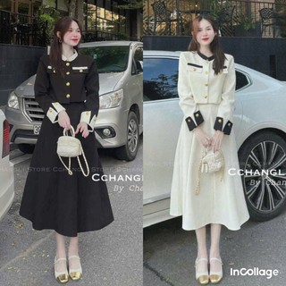 Sét áo linen tay dài cổ tròn phối đen kèm chân váy dáng xòe kiểu dáng tiểu thư sang chảnh