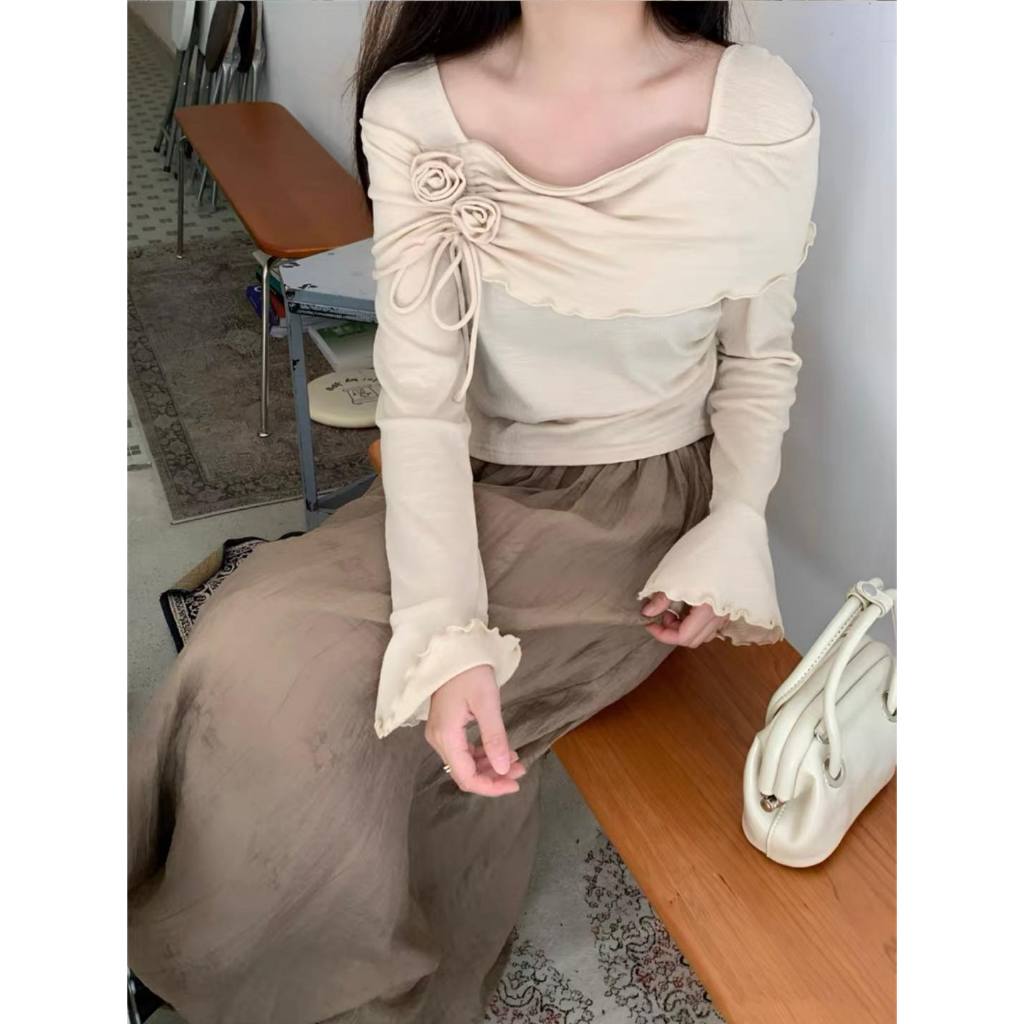 Áo thun mỏng dài tay XONXEN SHOP QUY NHƠN Molorda hở vai hóa nhíu tay loe mã 602490