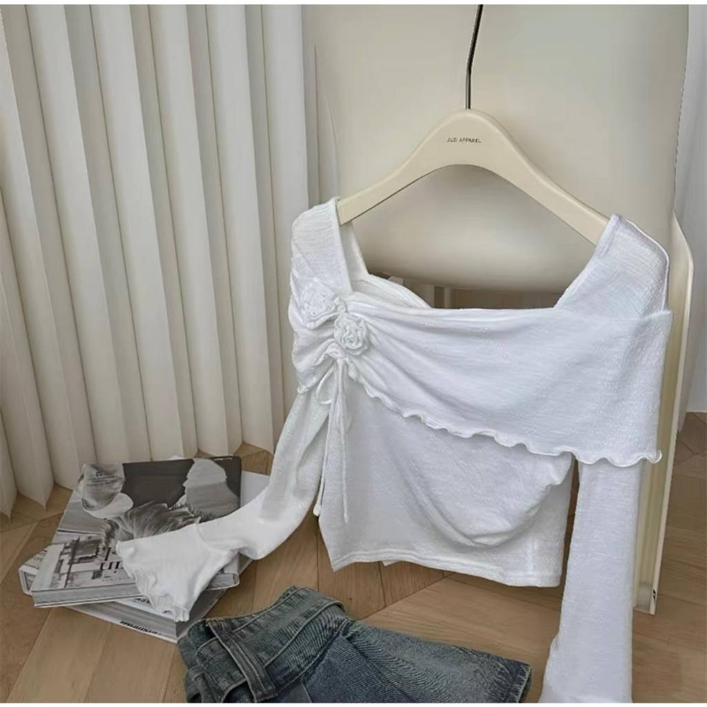 Áo thun mỏng dài tay XONXEN SHOP QUY NHƠN Molorda hở vai hóa nhíu tay loe mã 602490