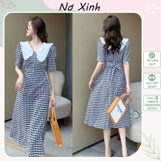 Váy nữ tiểu thư tay phồng cổ bèo dễ thương, đầm công sở dự tiệc dạo phố caro kẻ ô nơ xinh store