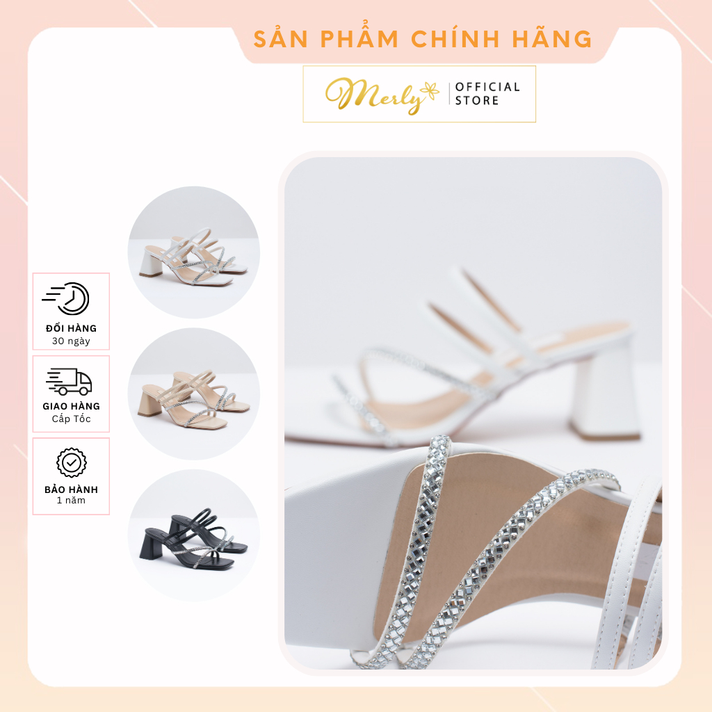 Dép Cao Gót Đính Đá Dây Quai Mảnh Thương Hiệu Merly 1528, Guốc Cao Gót Đế Vuông 6cm Đến 7cm Màu Trắng Kem Đen Đi Tiệc