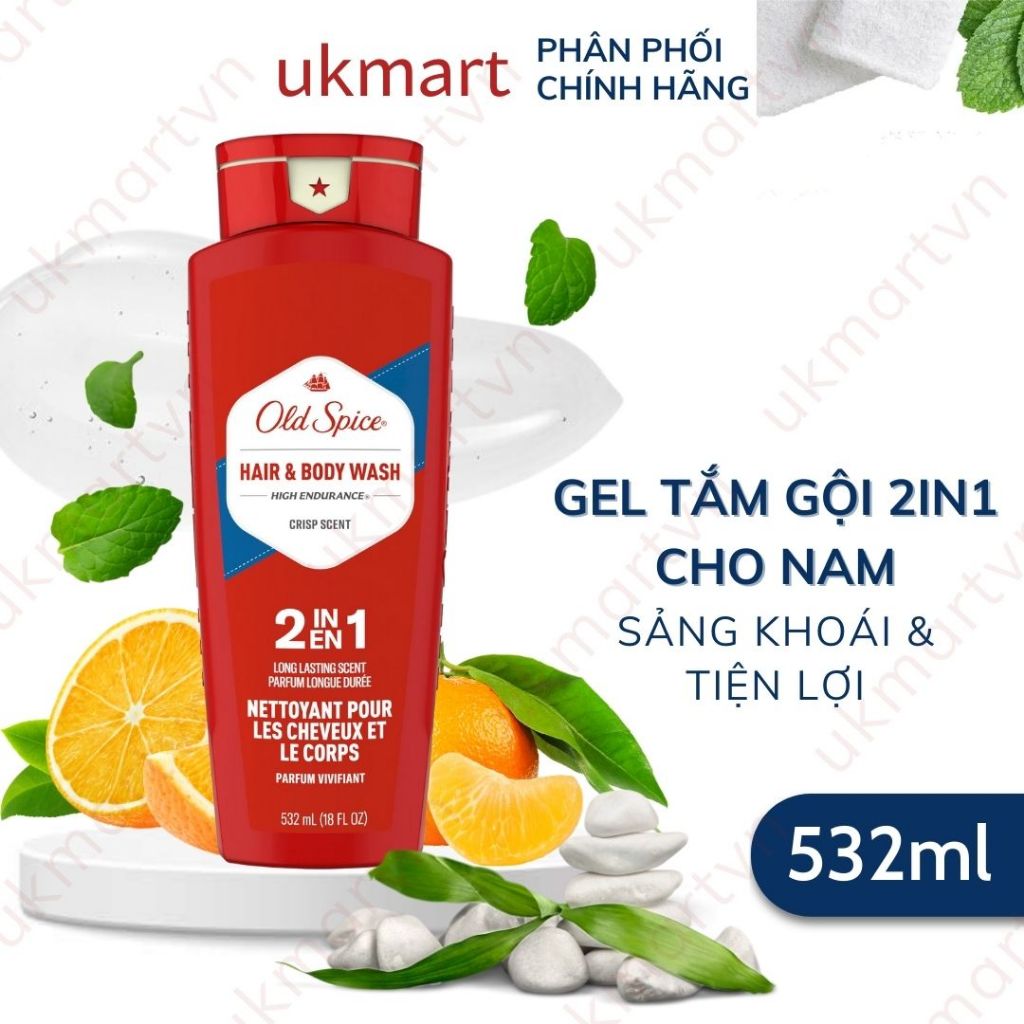 Gel Tắm Gội Old Spice 2in1 Sảng Khoái & Tiện Lợi 532ml High Endurance Hair+Body Wash 2in1 (Hàng Mỹ Nhập Khẩu Chính Hãng)