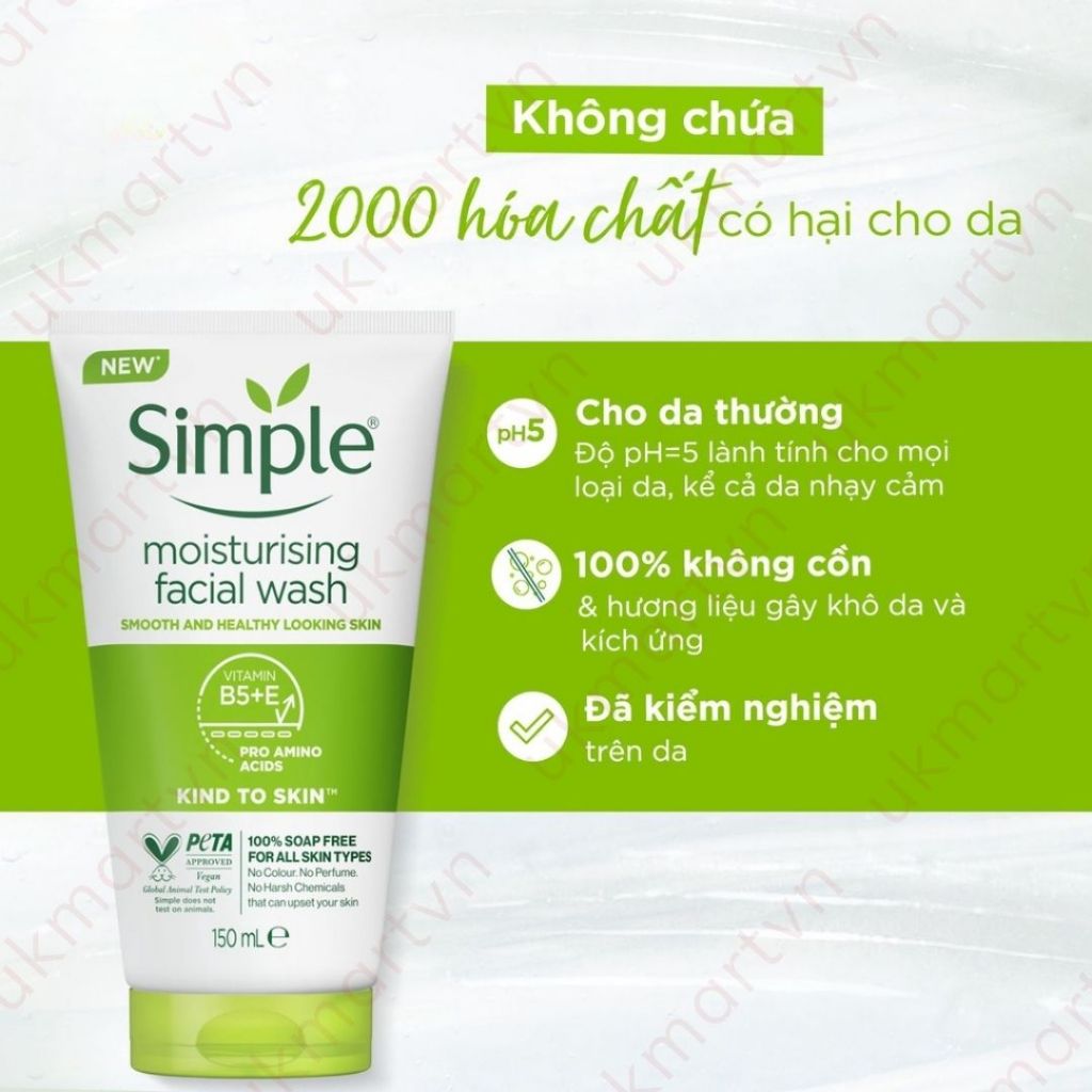 Sữa Rửa Mặt Simple Dành Cho Da Khô, Da Nhạy Cảm Moisturising Facial Wash 150ml