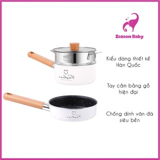 Bộ nồi chảo đá kèm xửng hấp Fashion xuất Hàn size 16cm làm từ hợp kim cao cấp tặng kèm 2 thìa - Zozoon Store