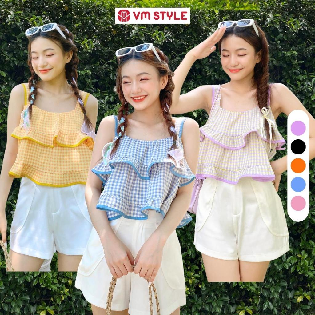 Áo hai dây nữ VMSTYLE đi biển croptop 2 tầng caro dáng babydoll thời trang mùa hè Y198 - ASU00370