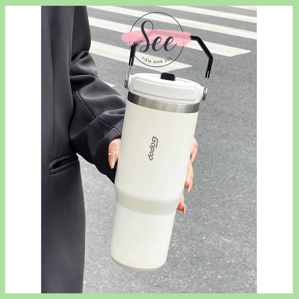 Bình giữ nhiệt GOPOP thể tích 900ml có quai cầm kết hợp làm ly giữ nhiệt có ống hút