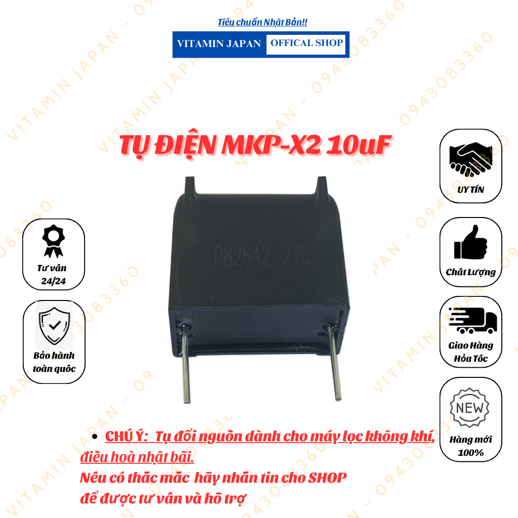 Tụ điện MKP-X2 10uF 275VAC 400VDC pitch 31mm Đen size 36x23x33mm.