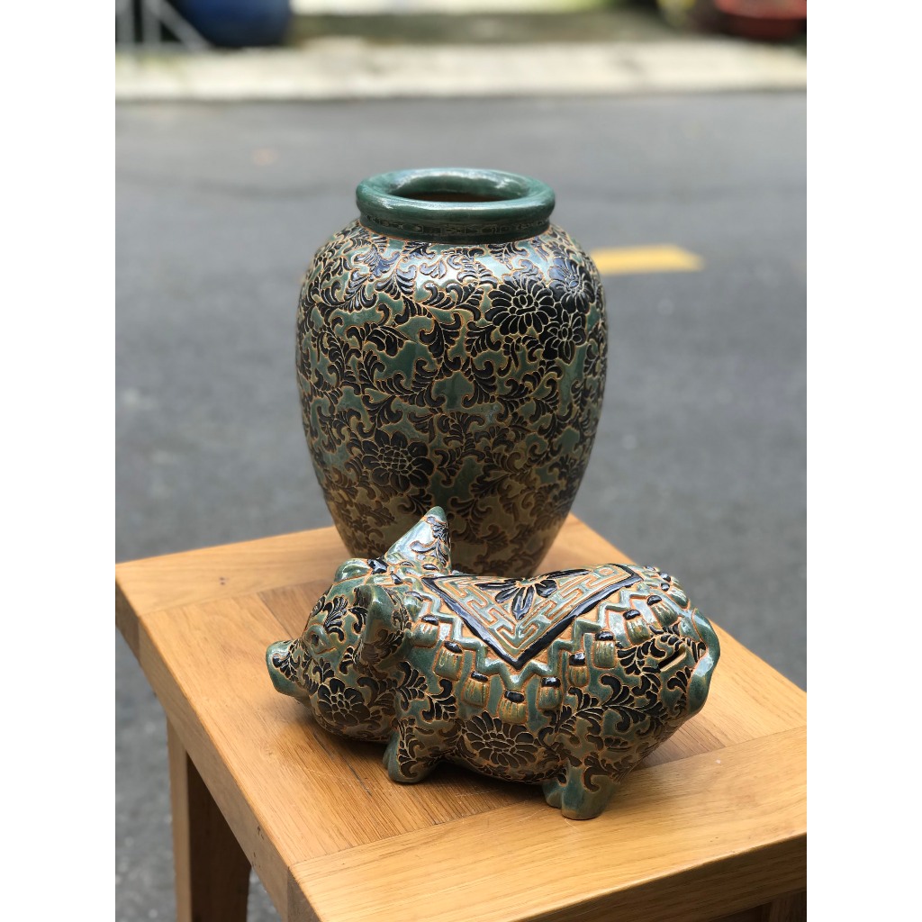 COMBO BÌNH HOA VÀ HEO DÂY LÁ GỐM SỨ NAM BỘ DECOR TRANG TRÍ CẮM HOA