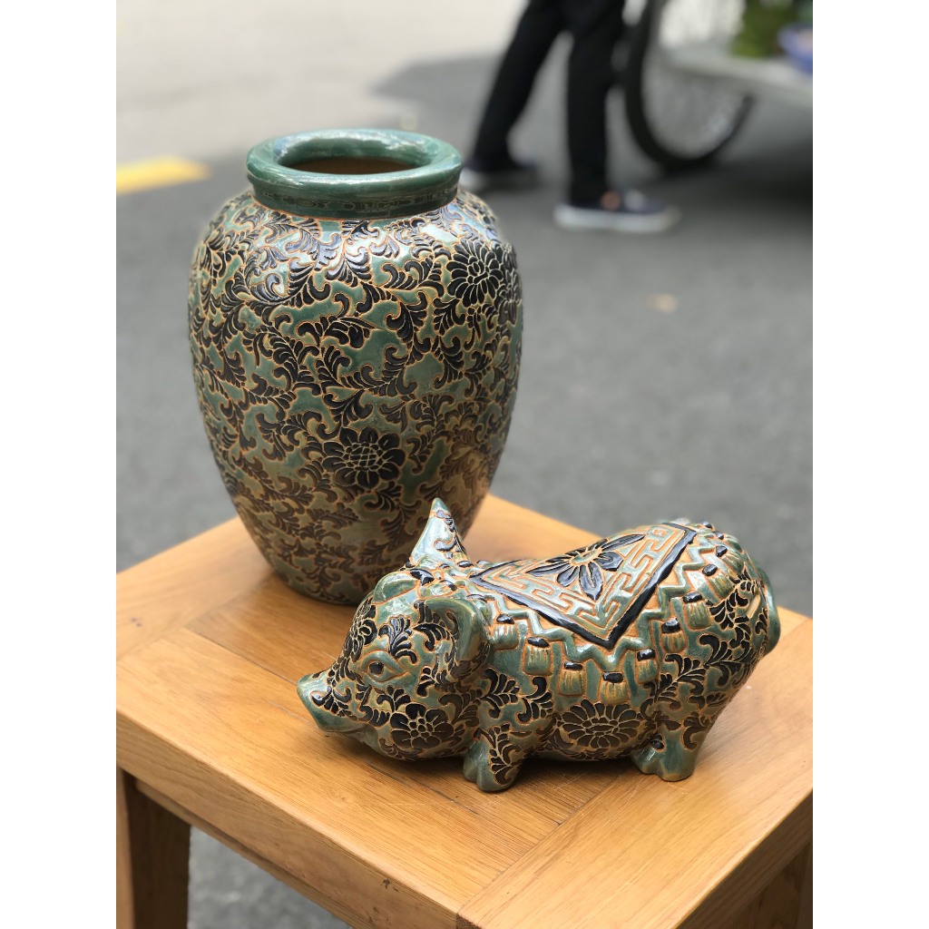 COMBO BÌNH HOA VÀ HEO DÂY LÁ GỐM SỨ NAM BỘ DECOR TRANG TRÍ CẮM HOA