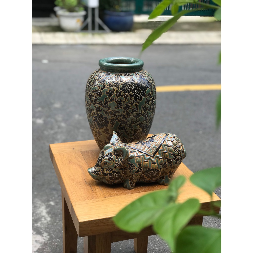 COMBO BÌNH HOA VÀ HEO DÂY LÁ GỐM SỨ NAM BỘ DECOR TRANG TRÍ CẮM HOA