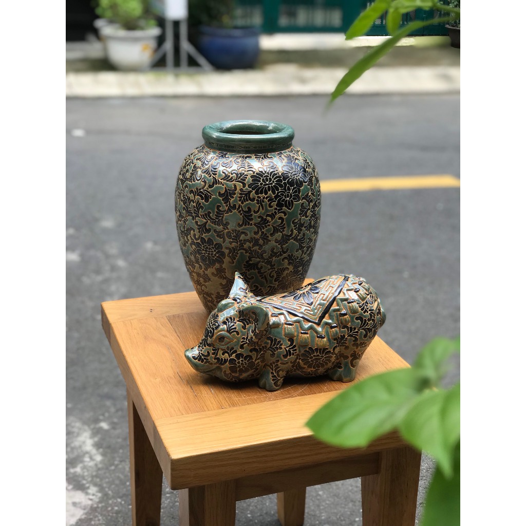 COMBO BÌNH HOA VÀ HEO DÂY LÁ GỐM SỨ NAM BỘ DECOR TRANG TRÍ CẮM HOA