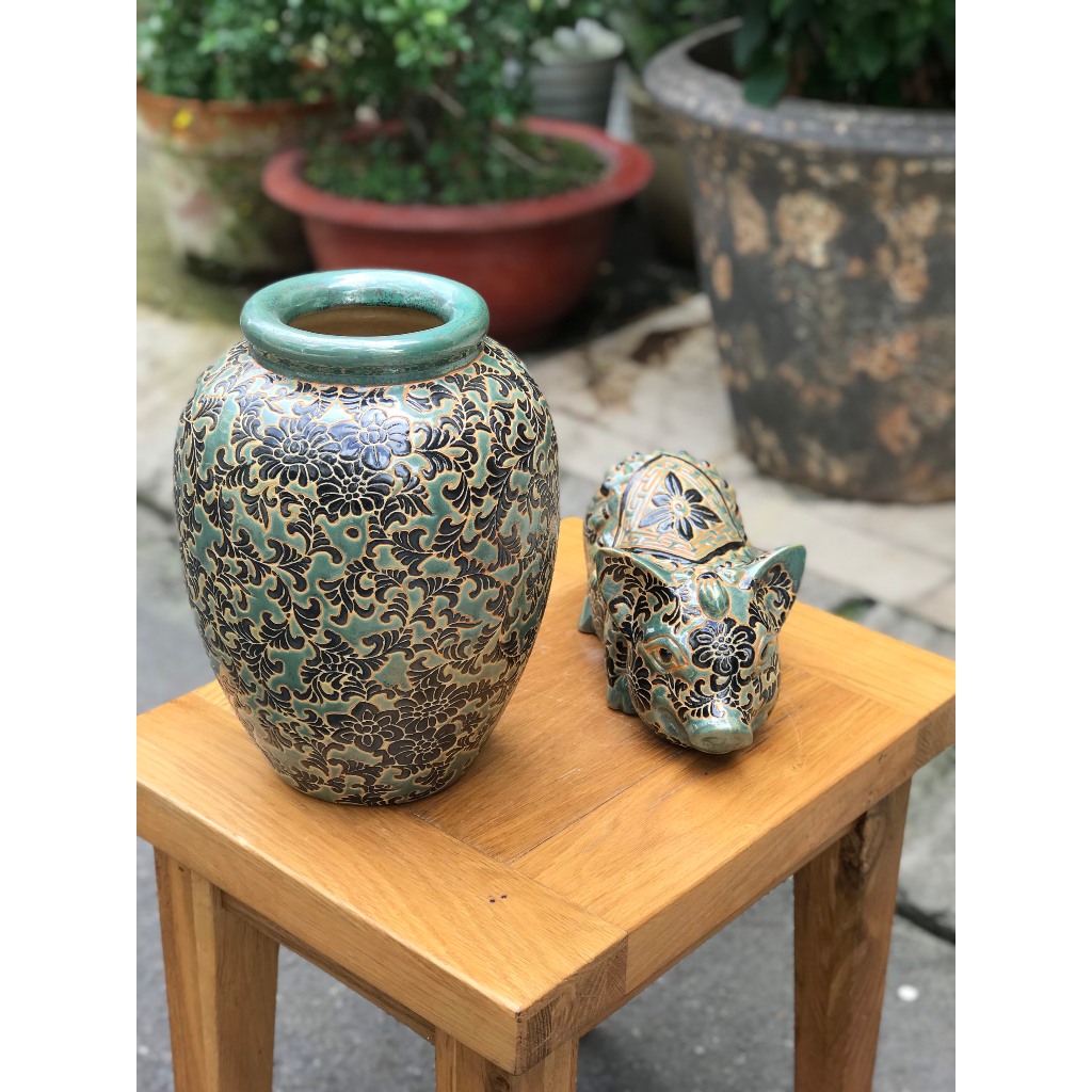 COMBO BÌNH HOA VÀ HEO DÂY LÁ GỐM SỨ NAM BỘ DECOR TRANG TRÍ CẮM HOA