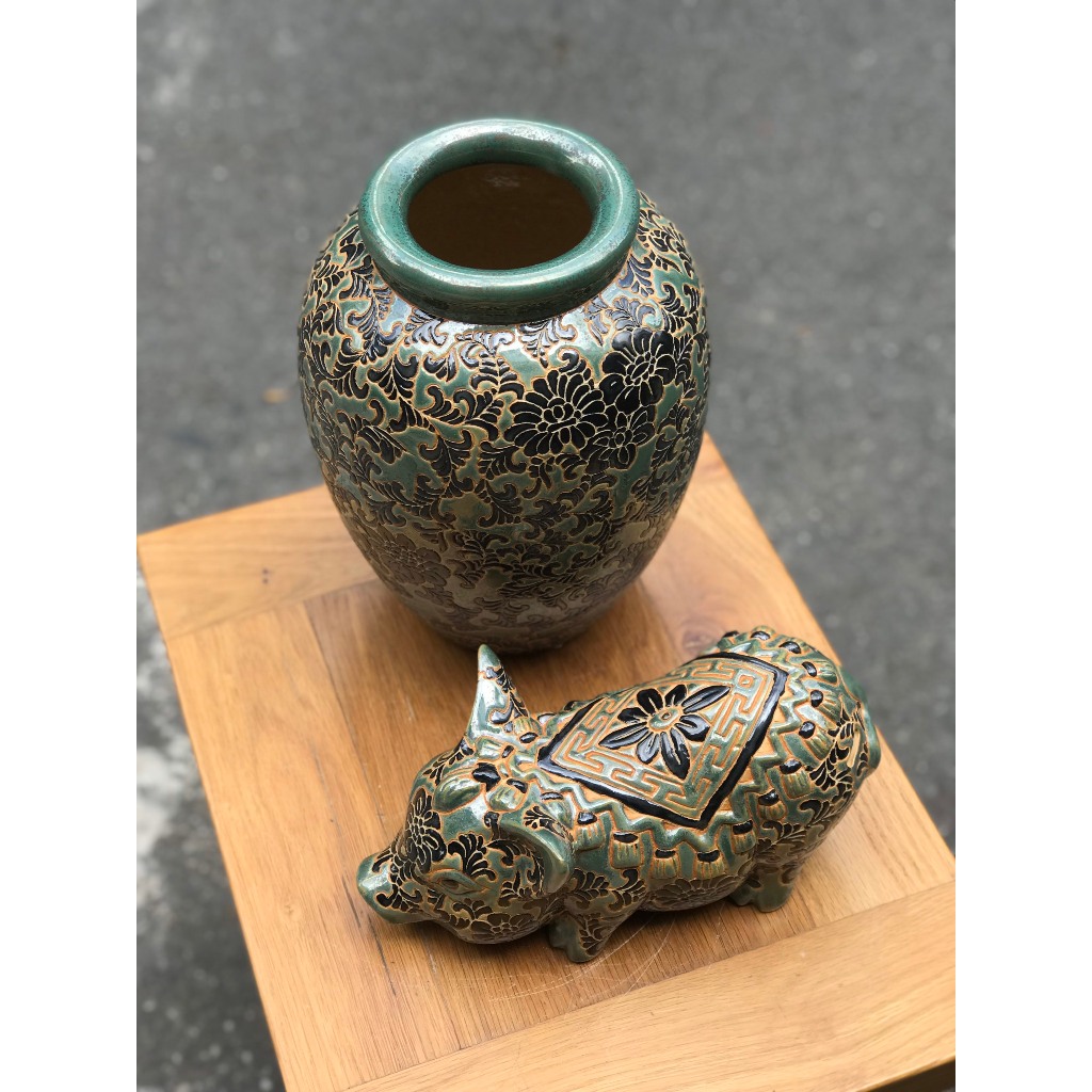 COMBO BÌNH HOA VÀ HEO DÂY LÁ GỐM SỨ NAM BỘ DECOR TRANG TRÍ CẮM HOA