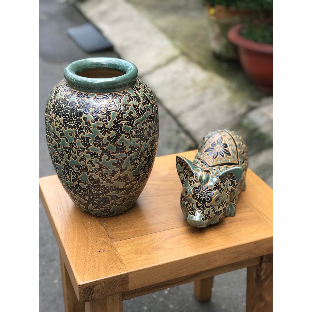 COMBO BÌNH HOA VÀ HEO DÂY LÁ GỐM SỨ NAM BỘ DECOR TRANG TRÍ CẮM HOA