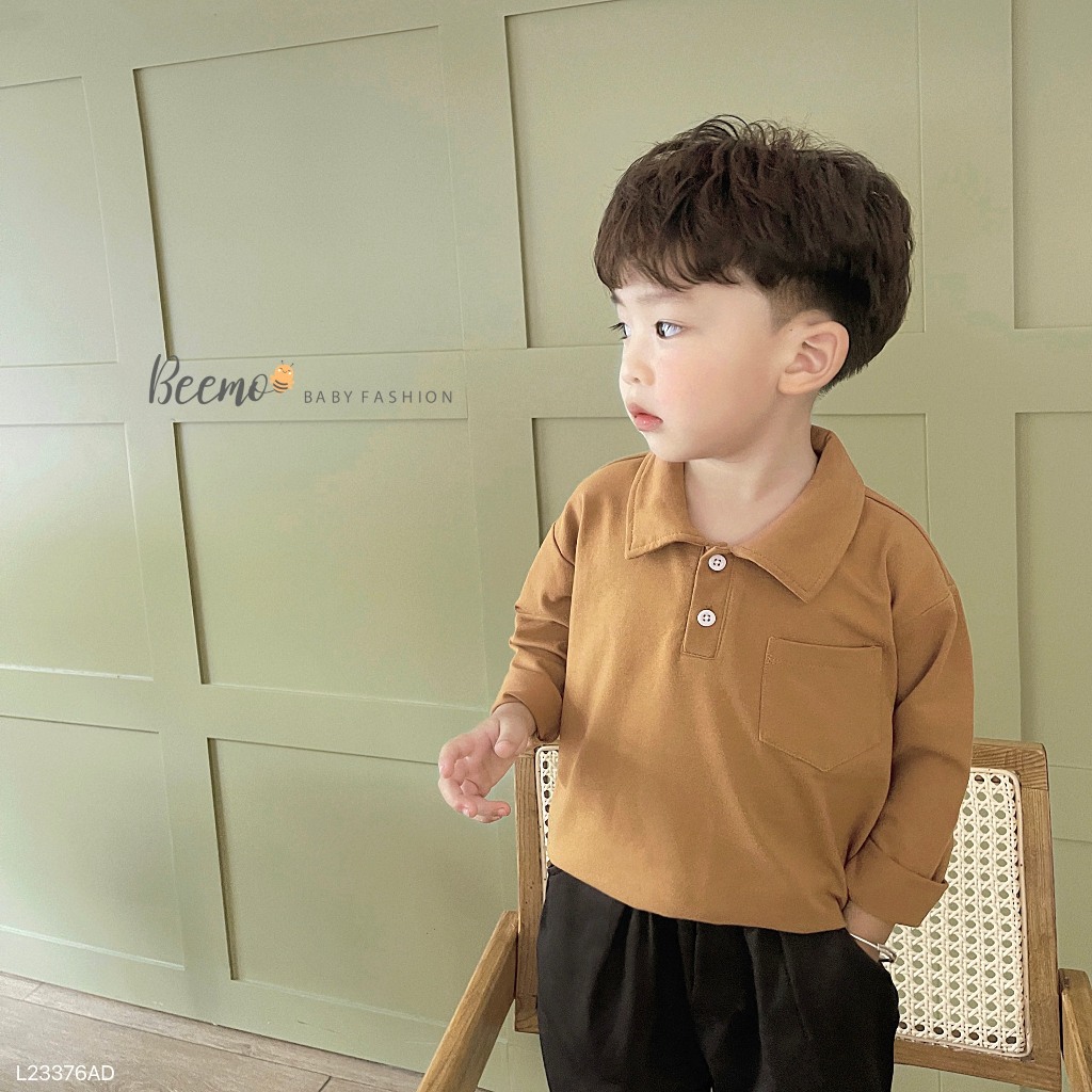 Áo polo cotton dài tay phối túi Beemo cho bé, áo phông cổ đức dài tay basic cho bé