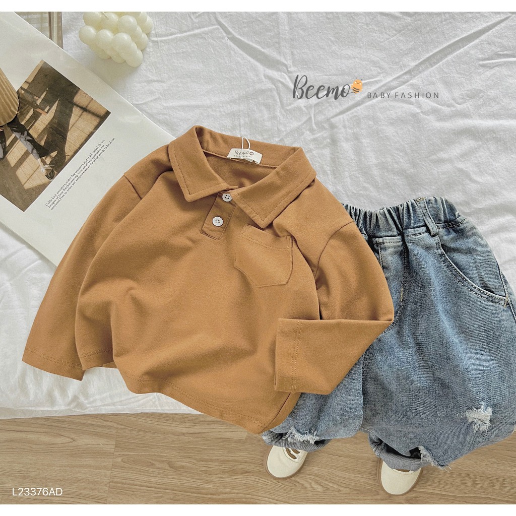 Áo polo cotton dài tay phối túi Beemo cho bé, áo phông cổ đức dài tay basic cho bé