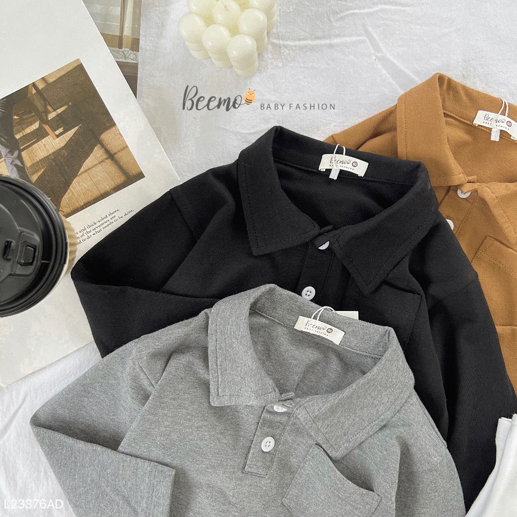 Áo polo cotton dài tay phối túi Beemo cho bé, áo phông cổ đức dài tay basic cho bé