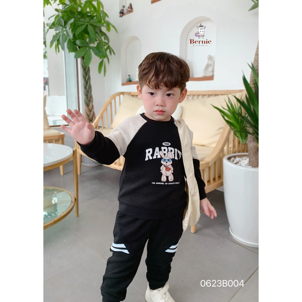 Bộ thu đông bé trai bé gái in thỏ Bernie - Bộ dài tay bé trai bé gái nỉ da cá ấm áp cho bé từ 9-23kg- 0623B004