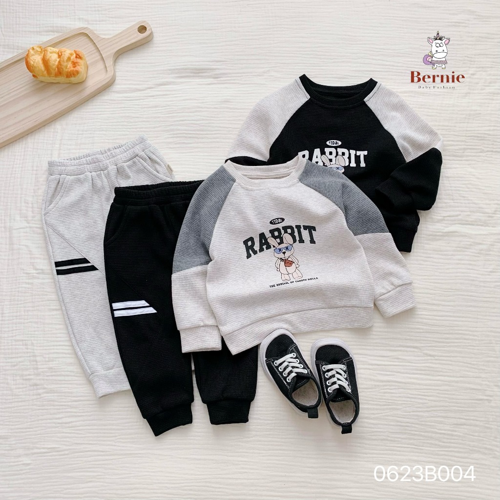 Bộ thu đông bé trai bé gái in thỏ Bernie - Bộ dài tay bé trai bé gái nỉ da cá ấm áp cho bé từ 9-23kg- 0623B004