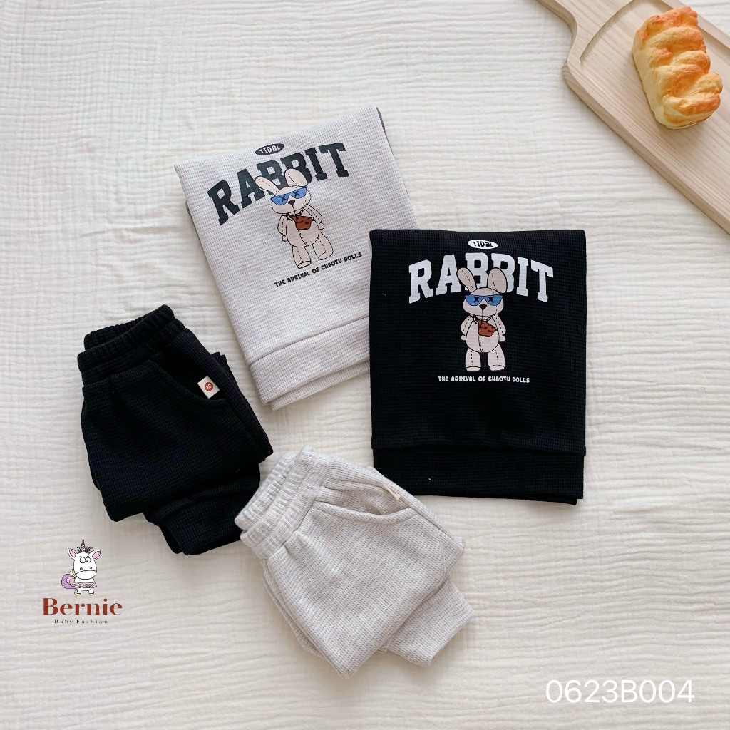 Bộ thu đông bé trai bé gái in thỏ Bernie - Bộ dài tay bé trai bé gái nỉ da cá ấm áp cho bé từ 9-23kg- 0623B004