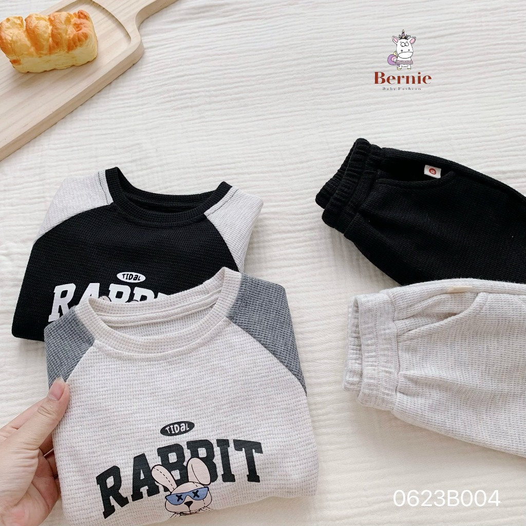 Bộ thu đông bé trai bé gái in thỏ Bernie - Bộ dài tay bé trai bé gái nỉ da cá ấm áp cho bé từ 9-23kg- 0623B004