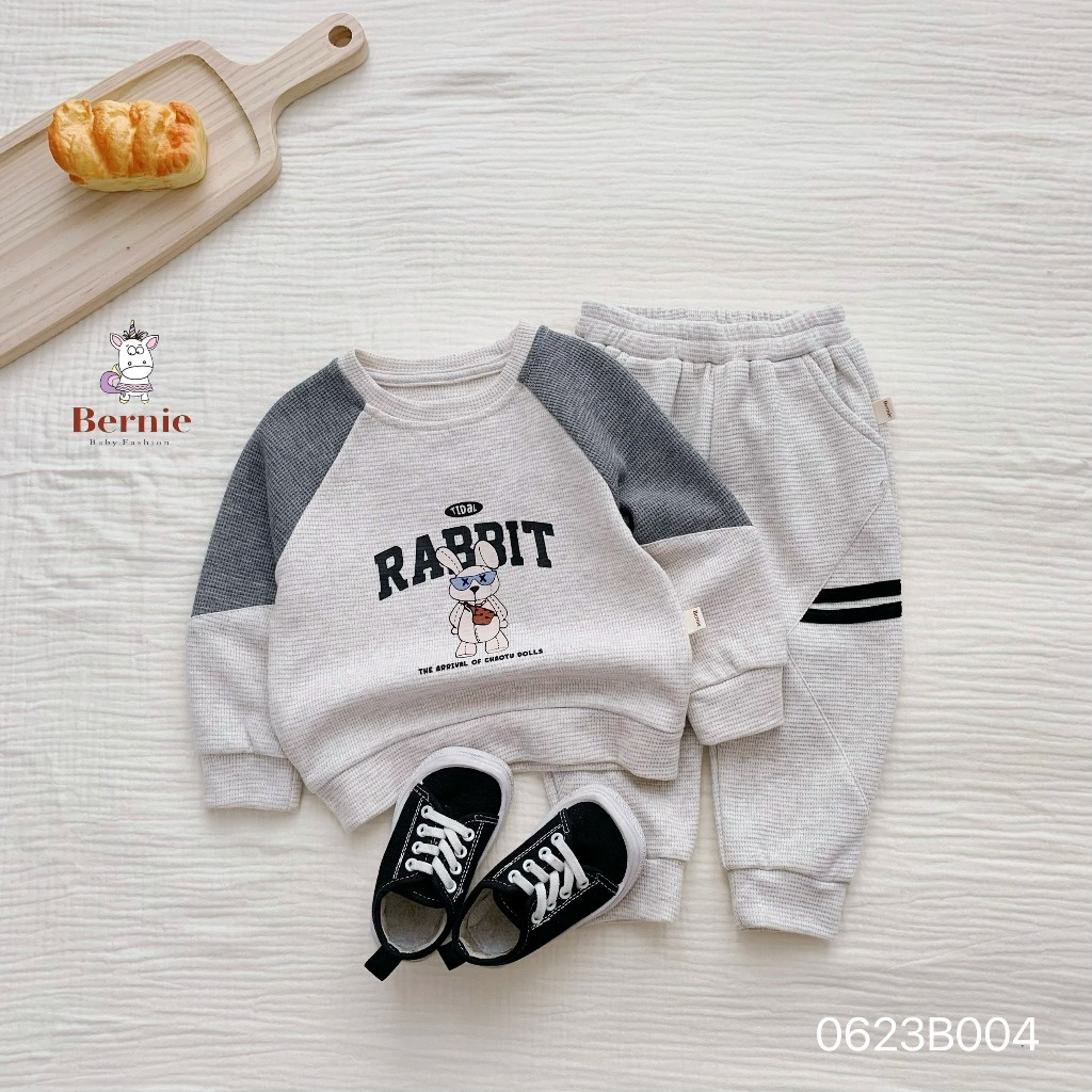 Bộ thu đông bé trai bé gái in thỏ Bernie - Bộ dài tay bé trai bé gái nỉ da cá ấm áp cho bé từ 9-23kg- 0623B004