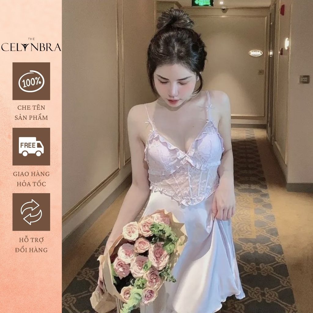 Váy ngủ lụa xuyên thấu kèm mút ngực sexy THE CELYNBRA - V110