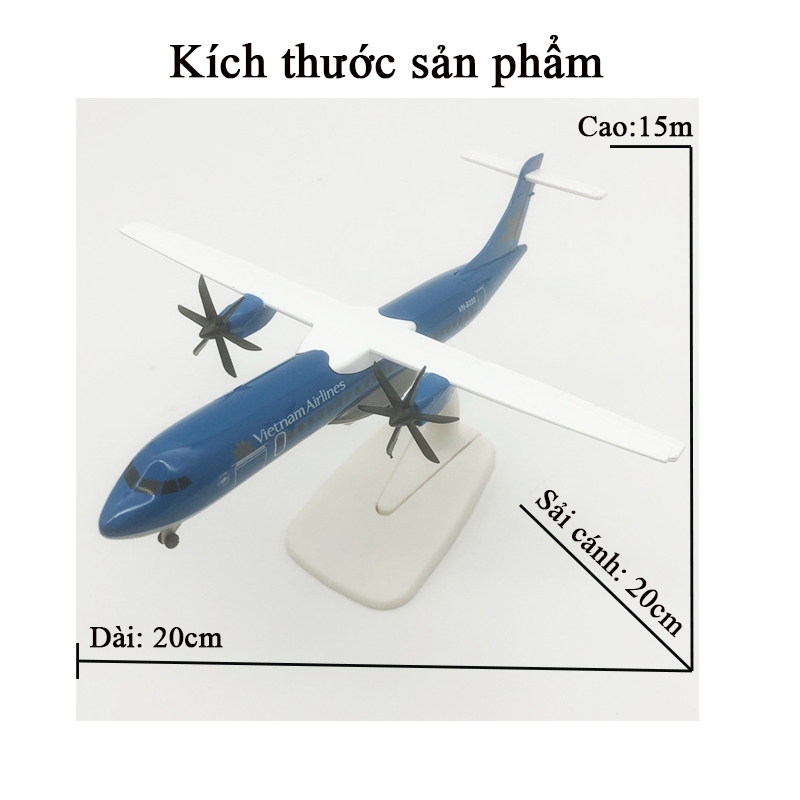 Đồ chơi mô hình máy bay Vietnam Airlines ATR KAVY bằng hợp kim nguyên khối có chân đế,cánh quay được dài 20cm