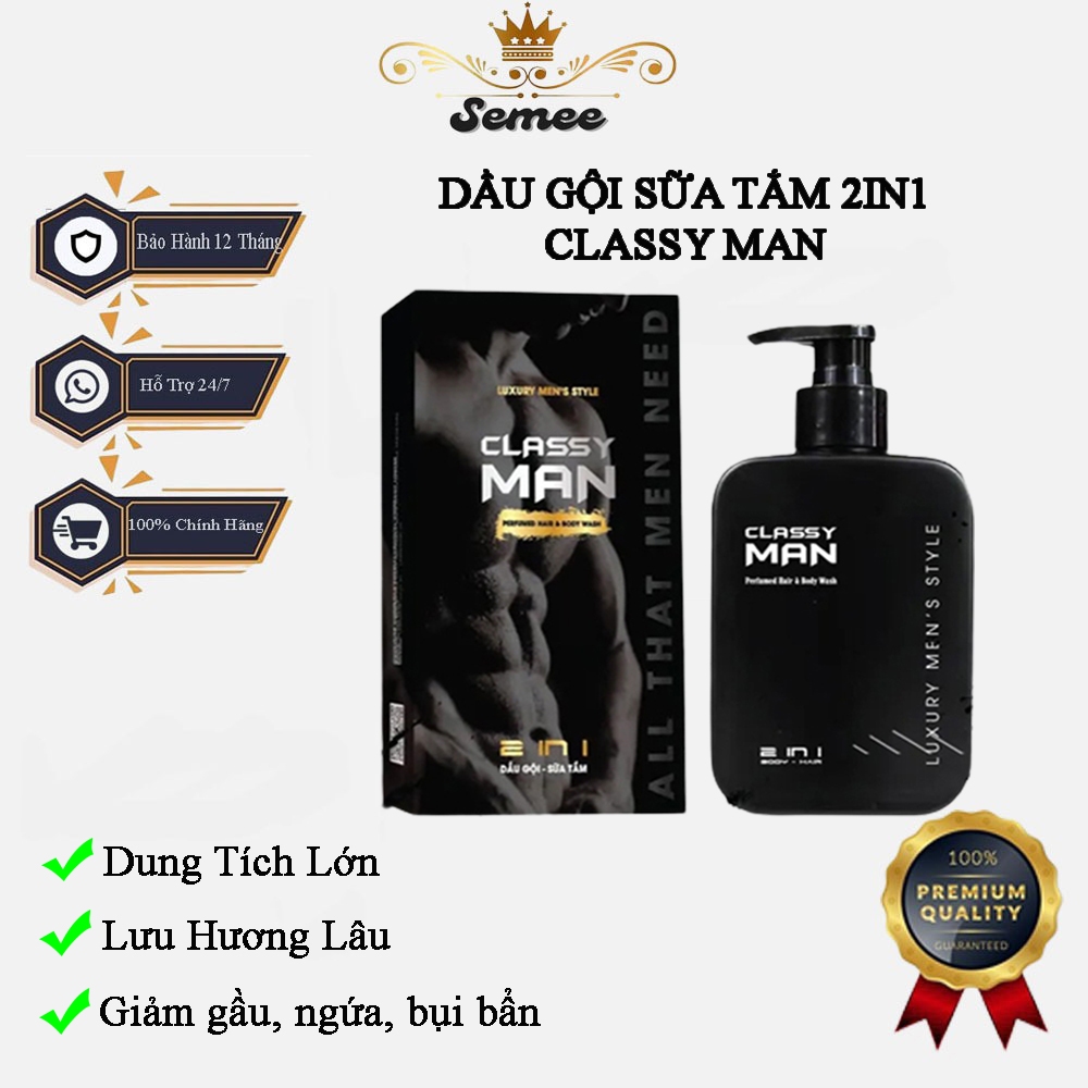 Dầu Gội Đầu Sữa Tắm Nam Classy Man 300ml 2in1 Hương Nước Hoa Lưu Lâu, Giảm Gầu, Ngứa Loại Bỏ Hoàn Toàn Bụi Bẩn