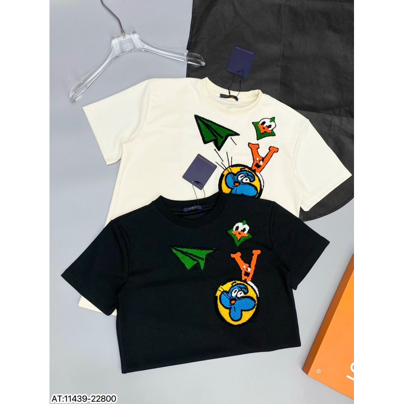 Áo phông len hoạ tiết lv máy bay mặt cười,áo len cộc tay thêu bông lv icon xanh đơn giản