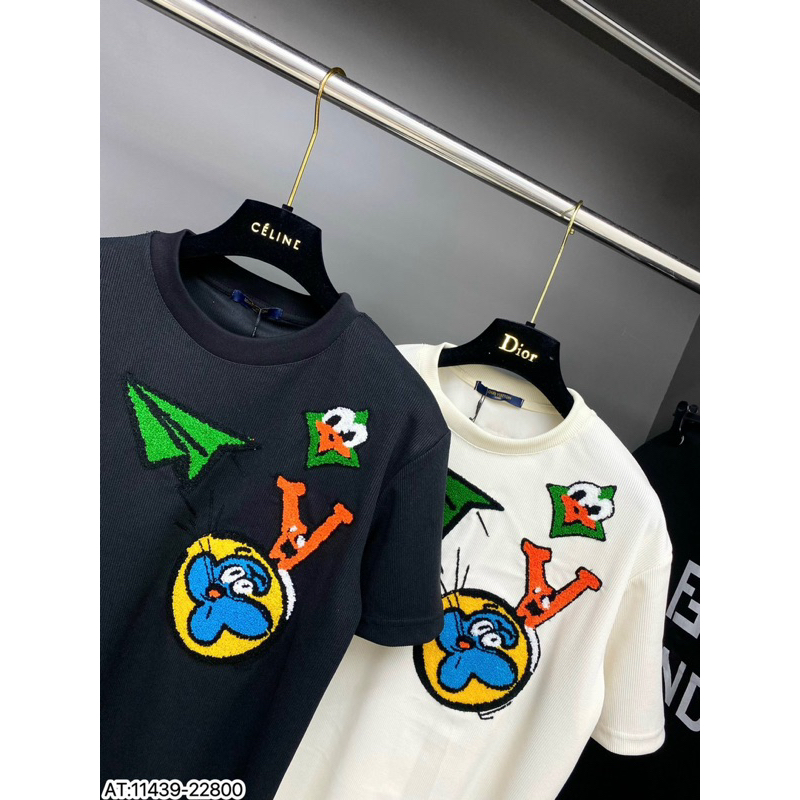 Áo phông len hoạ tiết lv máy bay mặt cười,áo len cộc tay thêu bông lv icon xanh đơn giản