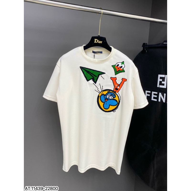 Áo phông len hoạ tiết lv máy bay mặt cười,áo len cộc tay thêu bông lv icon xanh đơn giản