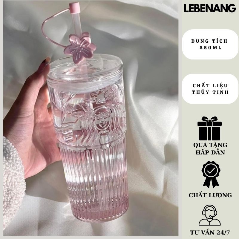 Ly Starbucks 550ml nắp kín tặng kèm charm ống hút cực xinh , Bình nước thủy tinh cao cấp LEBENANG