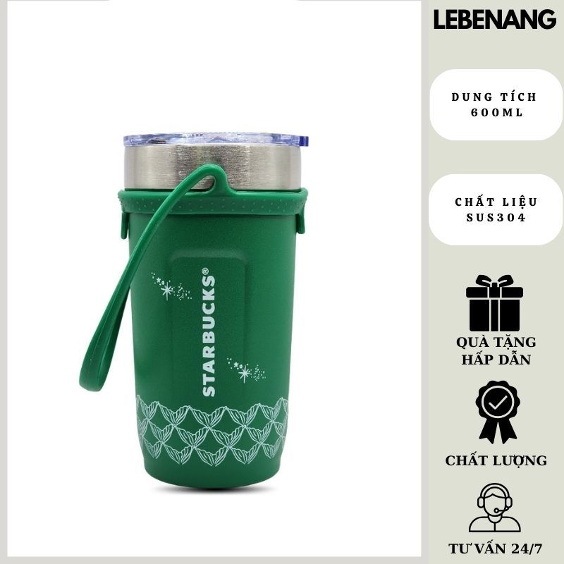 Bình giữ nhiệt Starbucks inox 304 600ml, ly giữ nhiệt fullbox tặng kèm quai xách tiện ích Lebenang