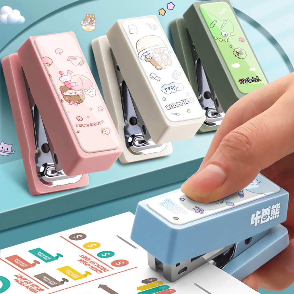 Máy dập ghim bấm mini sắc màu kèm hộp 400 ghim -BeloveShop