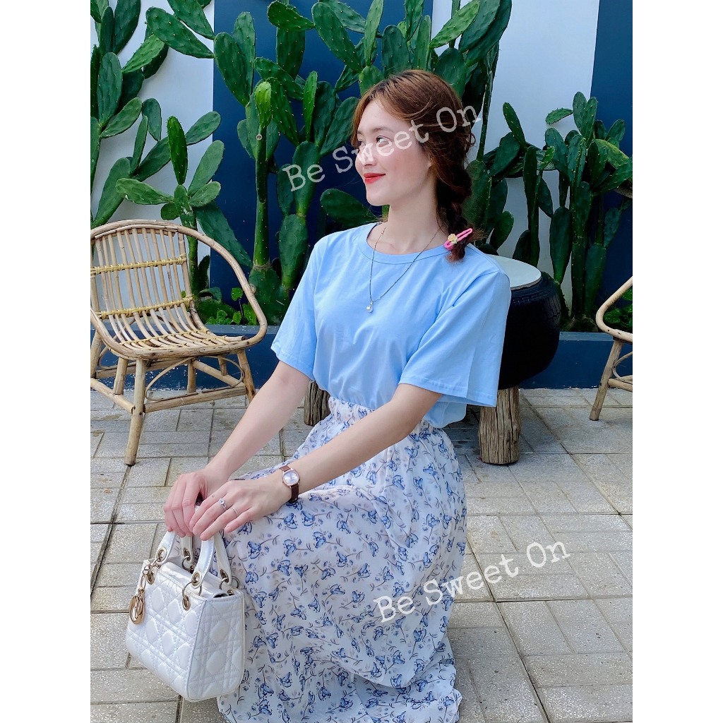 Chân váy midi dáng dài hoa nhí MORAN màu xanh trắng vintage điệu đà Hàn Quốc