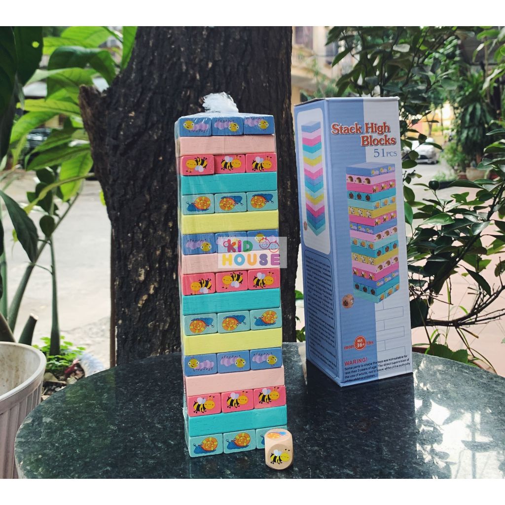 Bộ trò chơi rút gỗ 51 thanh nhiều màu sắc, in hình ngộ nghĩnh, Đồ chơi rút gỗ hình con vật, in hình số thanh gỗ mịn