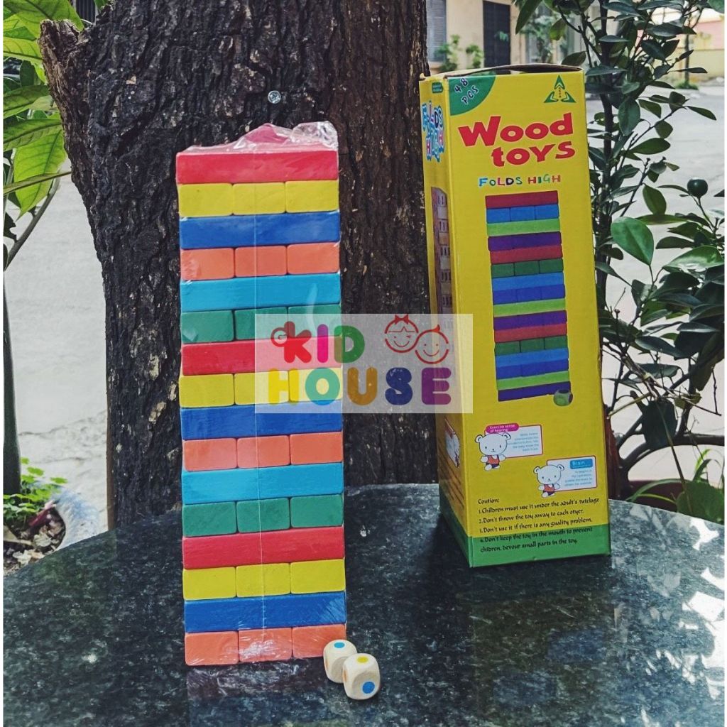 Bộ trò chơi rút gỗ 51 thanh nhiều màu sắc, in hình ngộ nghĩnh, Đồ chơi rút gỗ hình con vật, in hình số thanh gỗ mịn