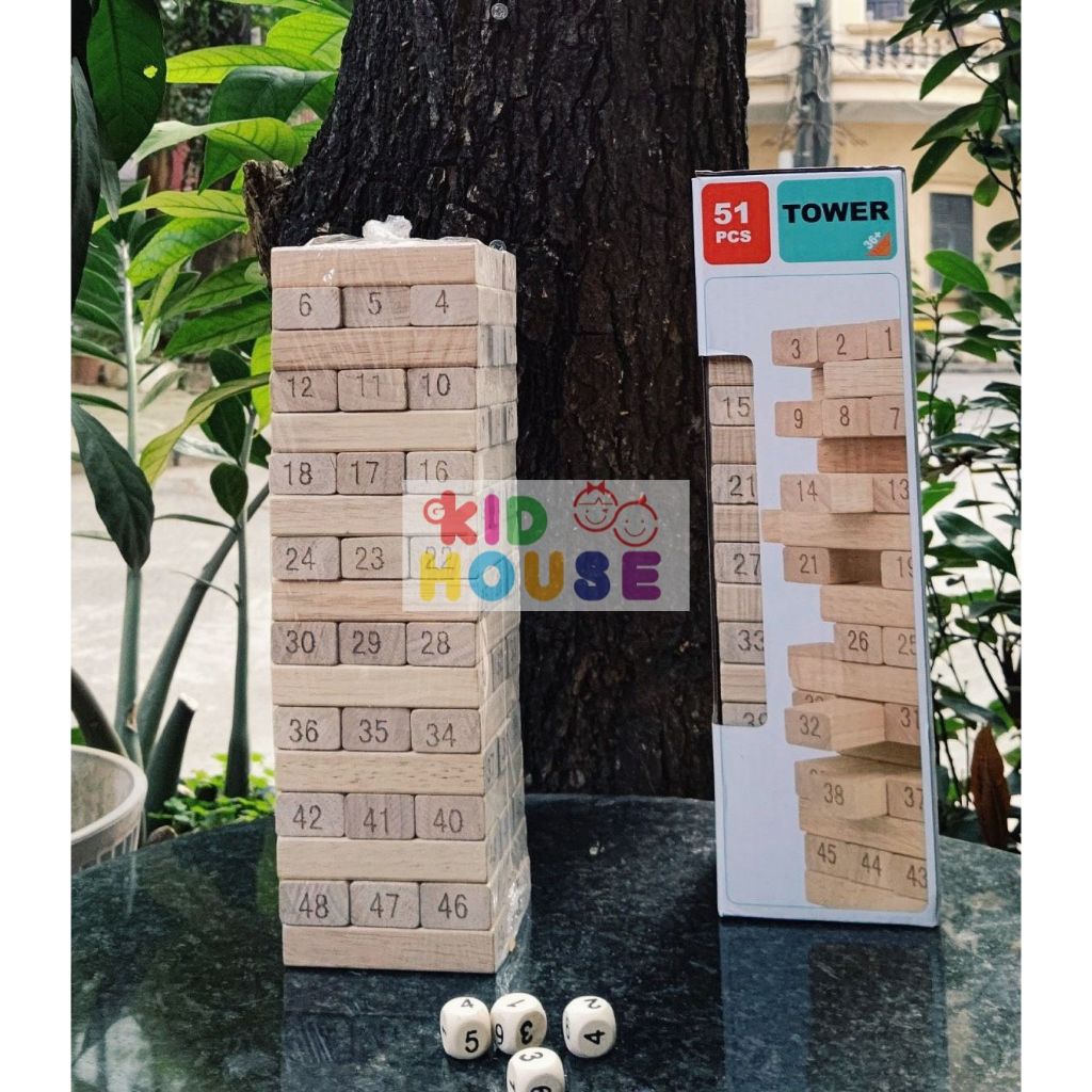 Bộ trò chơi rút gỗ 51 thanh nhiều màu sắc, in hình ngộ nghĩnh, Đồ chơi rút gỗ hình con vật, in hình số thanh gỗ mịn