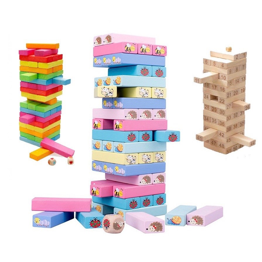 Bộ trò chơi rút gỗ 51 thanh nhiều màu sắc, in hình ngộ nghĩnh, Đồ chơi rút gỗ hình con vật, in hình số thanh gỗ mịn