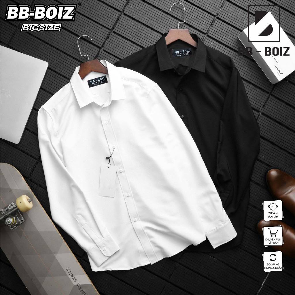 BIGSIZE Áo sơ tay dài nam BB - Boiz màu trắng đen form bigsize 90kg - 130kg mặc form rộng