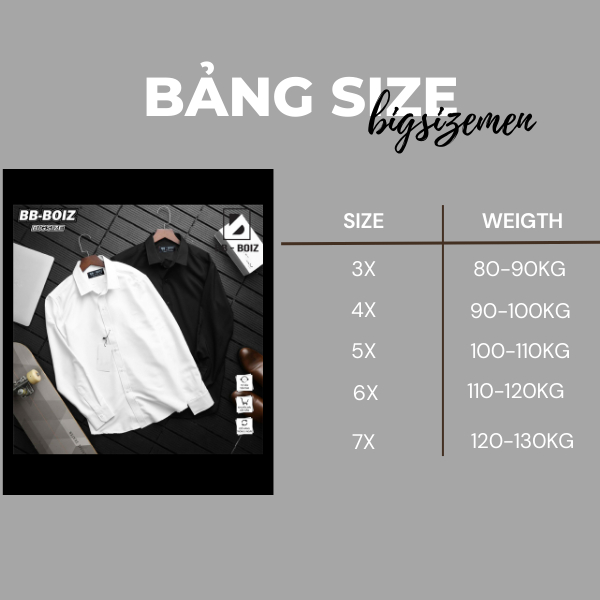 BIGSIZE Áo sơ tay dài nam BB - Boiz màu trắng đen form bigsize 90kg - 130kg mặc form rộng