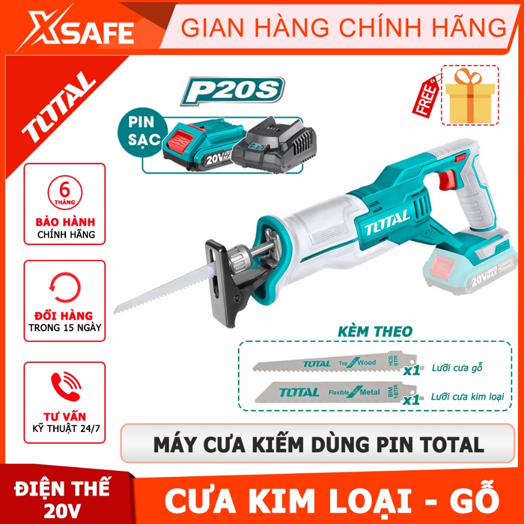 Máy cưa kiếm dùng pin 20V TOTAL TRSLI1152, tốc độ không tải 0-2800rpm, khả năng cưa gỗ 115mm kim loại 8mm kèm 2 lưỡi cưa