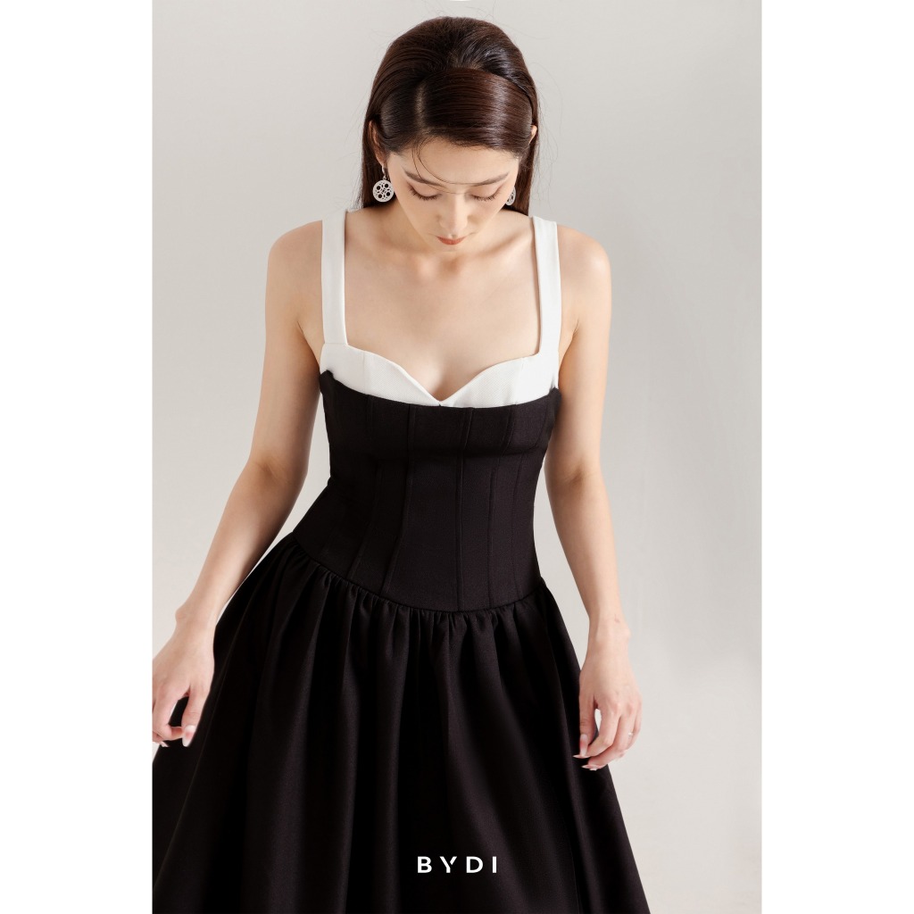 Đầm Midi Nữ BYDI Thiết Kế Thanh Lịch Phối Tà Lượn Sóng Dáng Xoè | AMEE DRESS