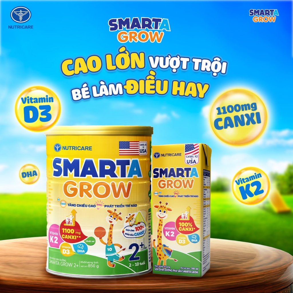 Thùng sữa công thức pha sẵn Nutricare Smarta Grow (110ml x 48 hộp) - hỗ trợ tăng chiều cao, phát triển não bộ